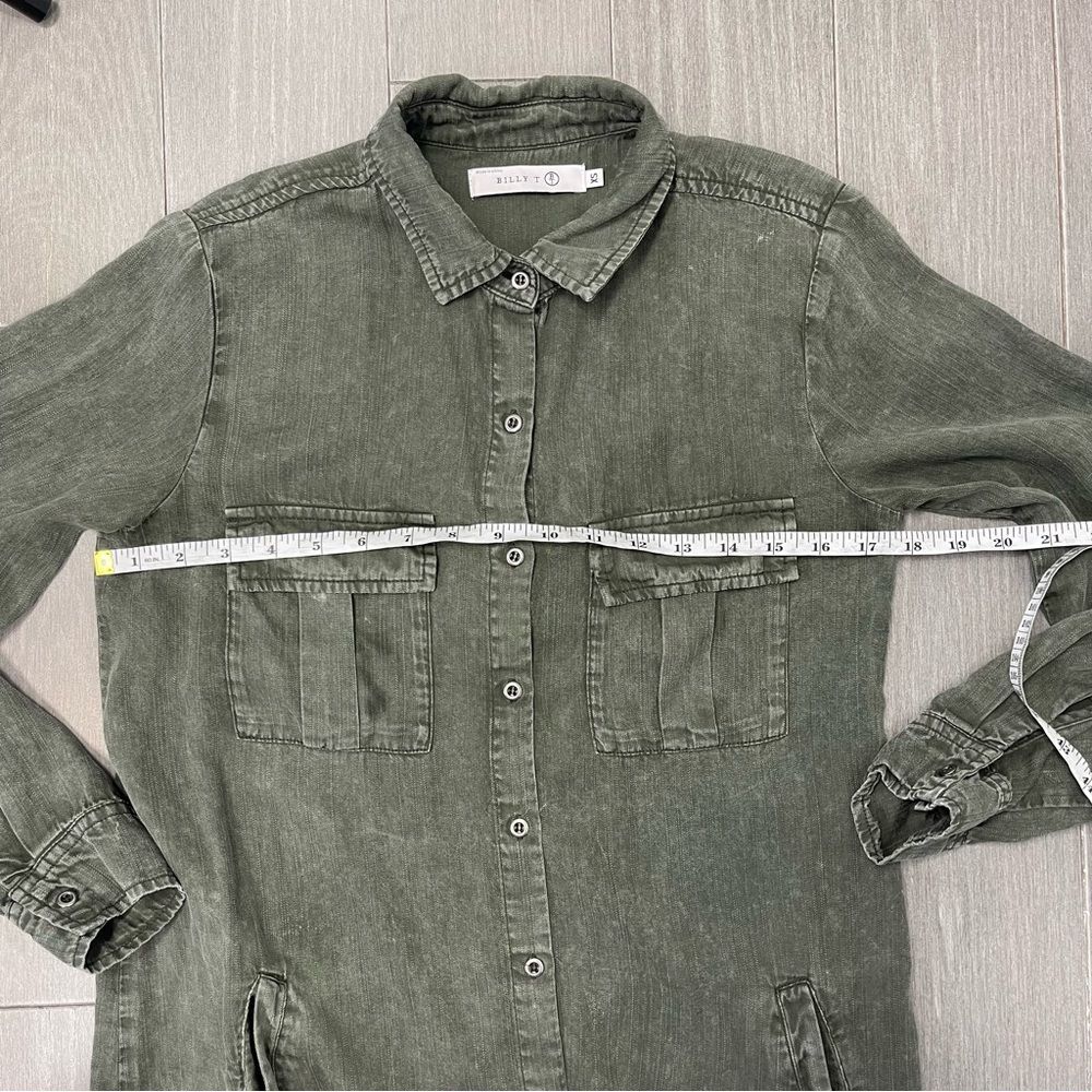 Billy T Leeway Faded Chambray Shirt Dress XS Army Olive Green Utility Boho MIDI - Picture 14 of 16